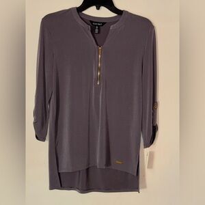 Ellen Tracy Grey Zip-Up Blouse 3/4 Sleeves Size S